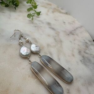 Neutral Agate White Fresh Water Pearl Long Drop Earrings